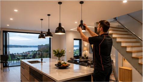 Electrician installing lighting in a renovated kitchen