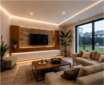 Renovated living room with feature lighting